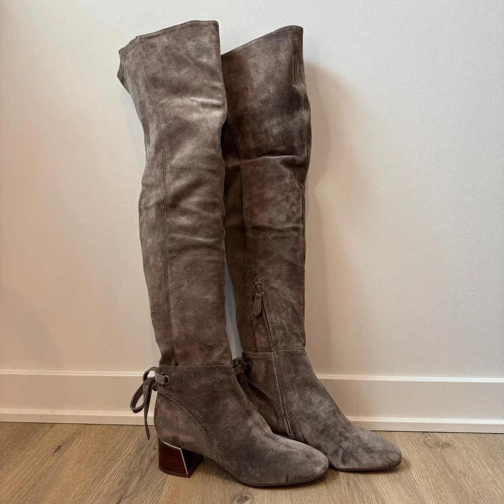 Tory Burch Laila Suede Over-The-Knee Boots Gray Suede Designer Logo Bows 8.5 EUC